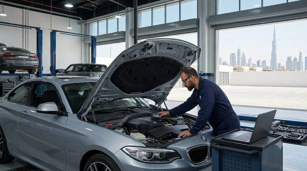 BMW 2 Series being repaired by an independent BMW specialist mechanic at a garage in Dubai