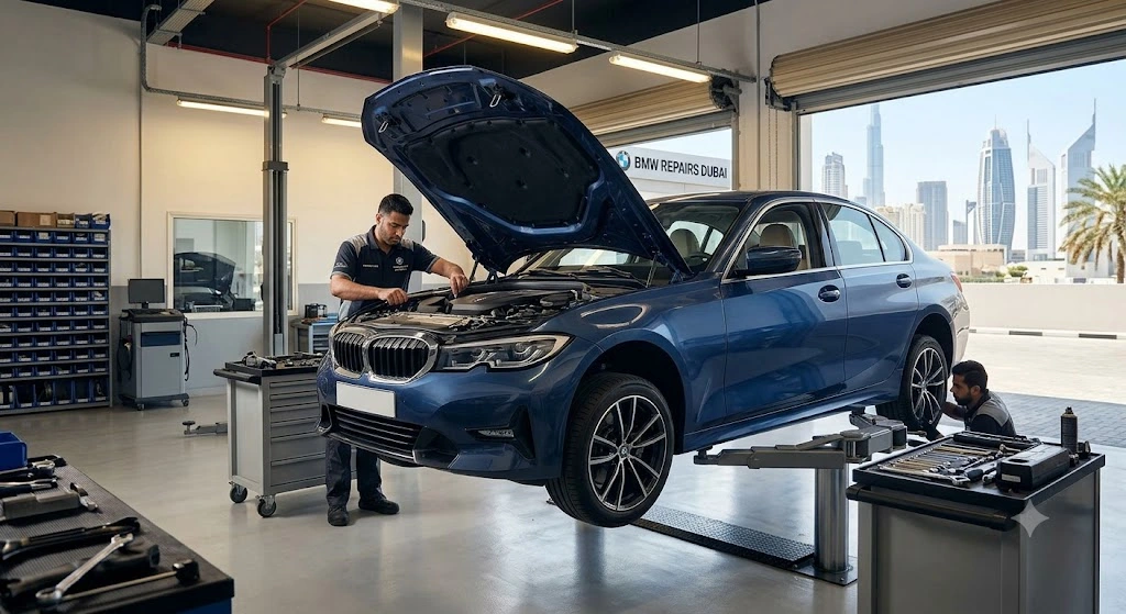 BMW 3 Series on a workshop lift during engine and suspension repair at an independent BMW specialist garage in Dubai