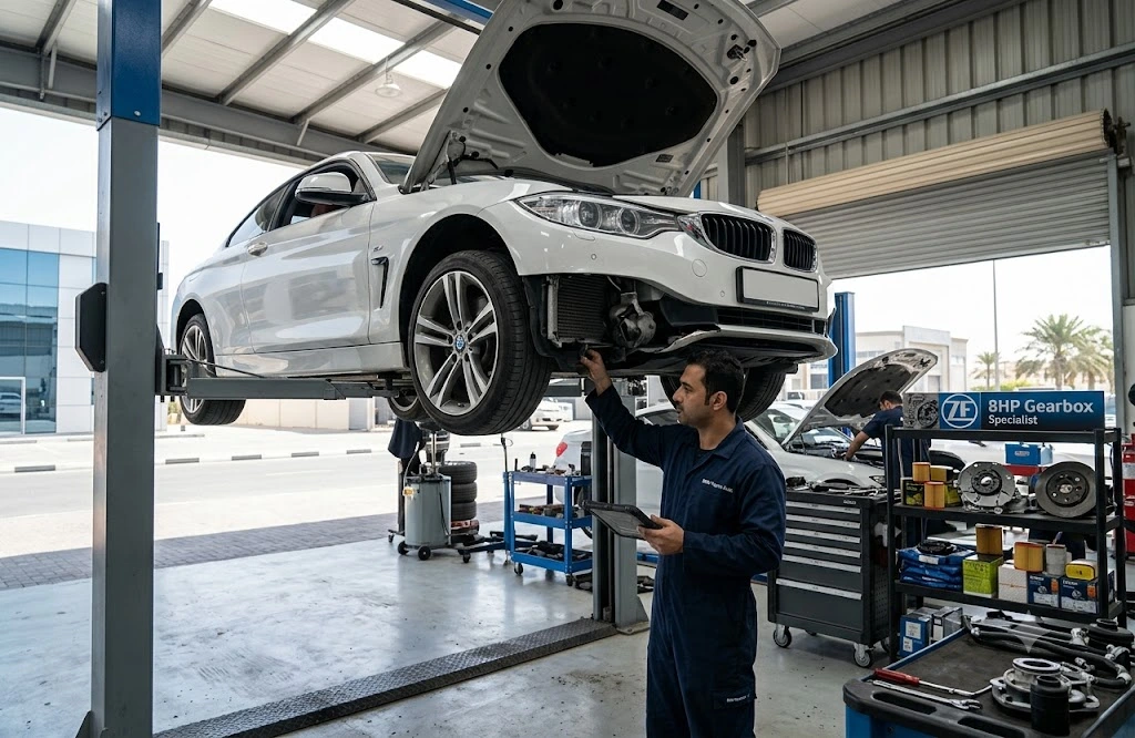 BMW 4 Series Coupe on a workshop lift during engine and suspension repair at an independent BMW garage in Dubai