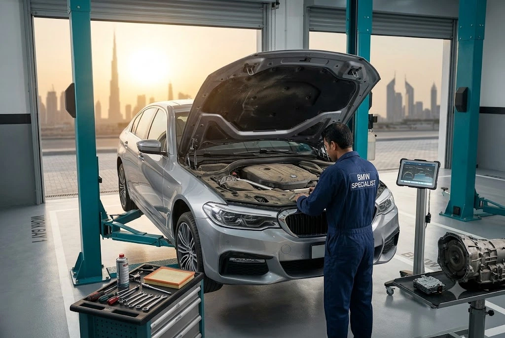 BMW 5 Series on a workshop lift during engine and gearbox repair at an independent BMW garage in Dubai