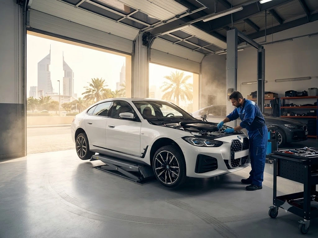 BMW 6 Series on a workshop lift during engine and suspension repair at an independent BMW garage in Dubai