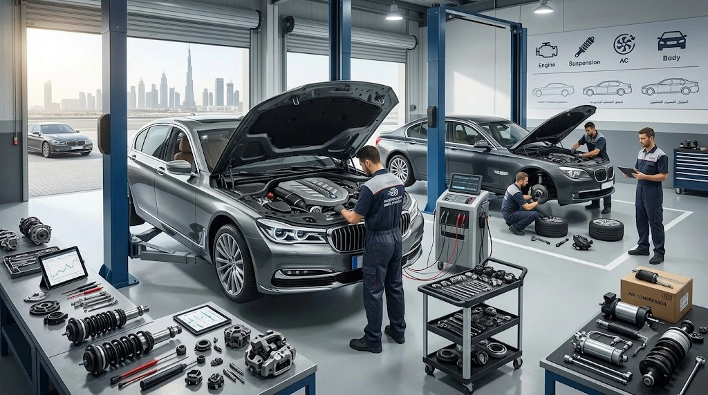 BMW 7 Series undergoing engine and diagnostic repair at an independent BMW specialist garage in Dubai