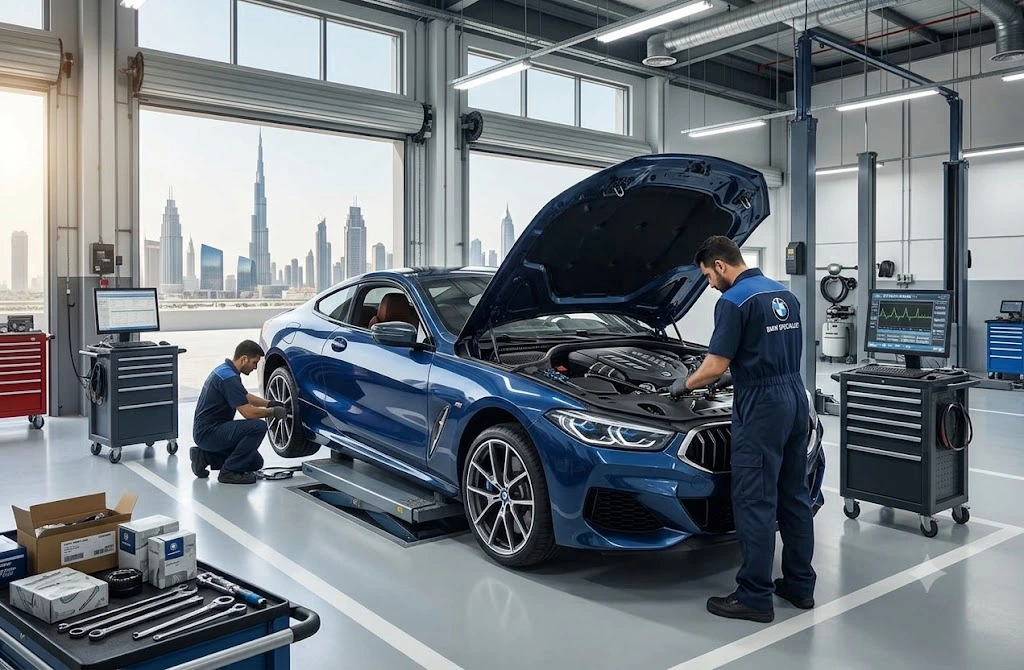 BMW 8 Series coupe on a lift inside an independent BMW repair workshop in Dubai during engine and diagnostics service