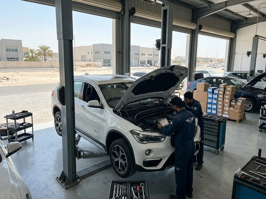 BMW X1 on a workshop lift during engine and suspension repair at an independent BMW X1 garage in Dubai