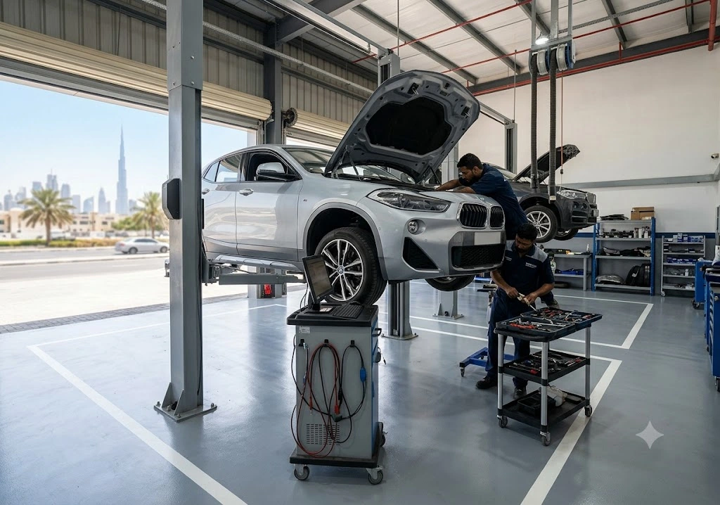 BMW X2 on a workshop lift during engine and suspension repair at an independent BMW X2 garage in Dubai
