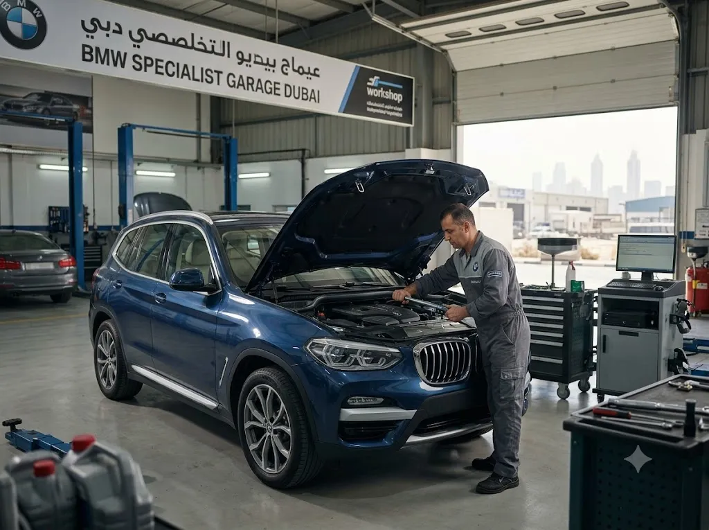 BMW X3 SUV being serviced by an independent BMW X3 mechanic at a specialist garage in Dubai