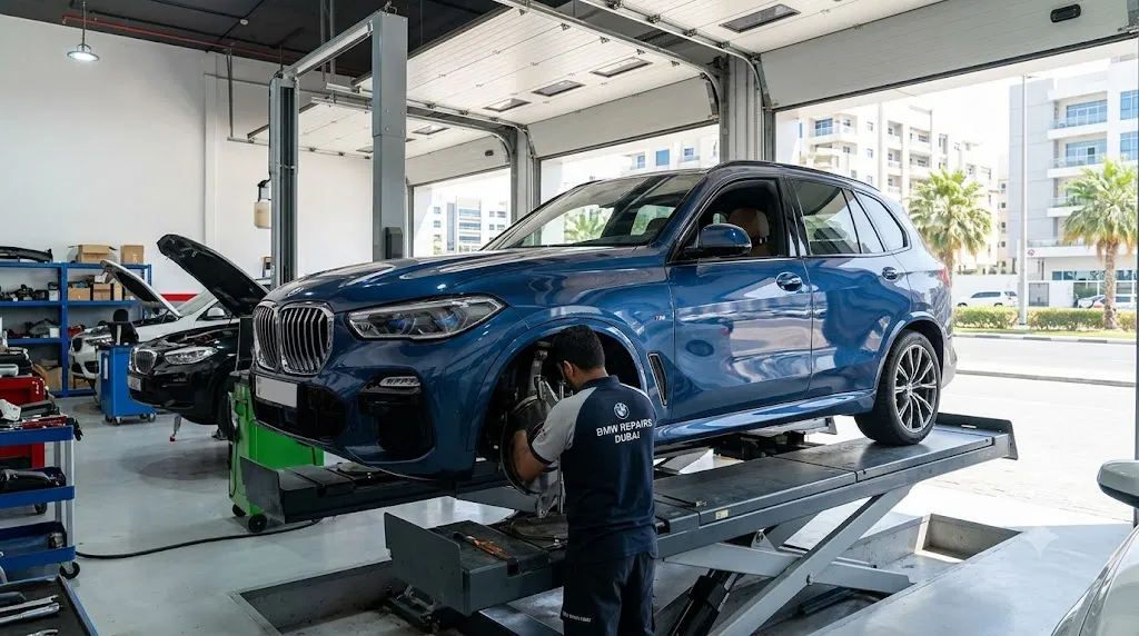 BMW X5 SUV on a lift inside an independent BMW repair workshop in Dubai during a service and diagnostic check