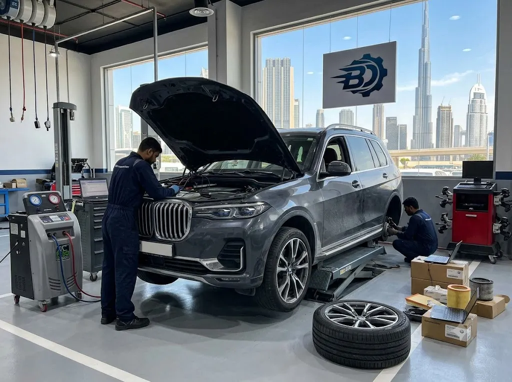 BMW X7 luxury SUV being serviced by a specialist mechanic at an independent BMW workshop in Dubai