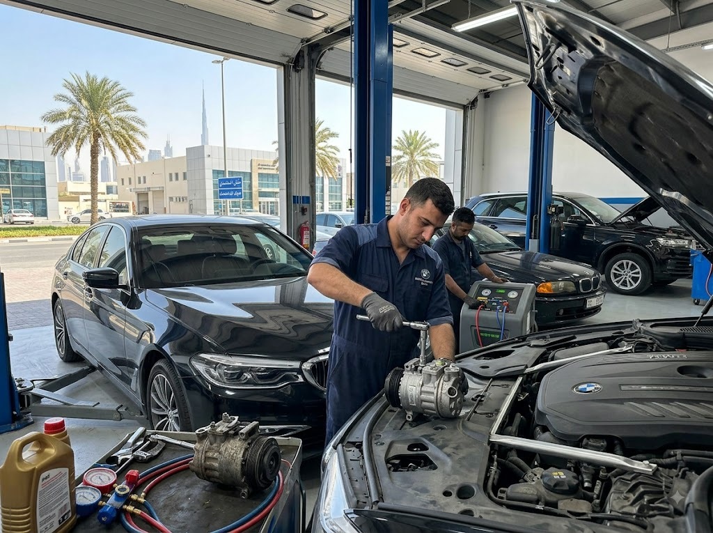 BMW AC compressor replacement Dubai — technician replacing a BMW air conditioning compressor in an independent workshop