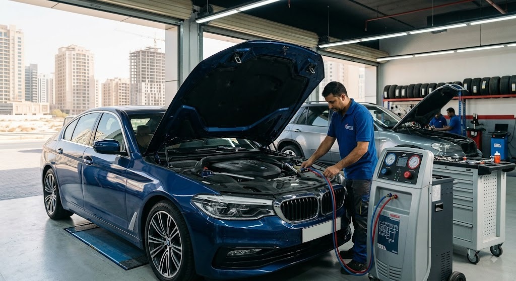 BMW AC repair Dubai — technician recharging a BMW air conditioning system in a Dubai workshop