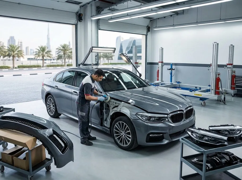 BMW accident repair Dubai — technician restoring a crash-damaged BMW body panel and chassis in a Dubai workshop