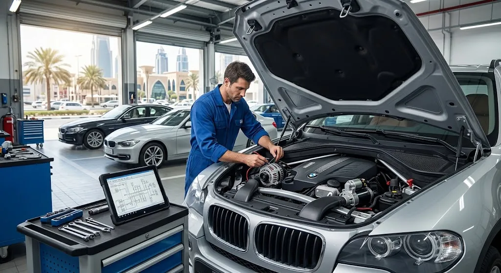 BMW alternator and starter motor repair in Dubai workshop, technician testing the charging system of a BMW engine