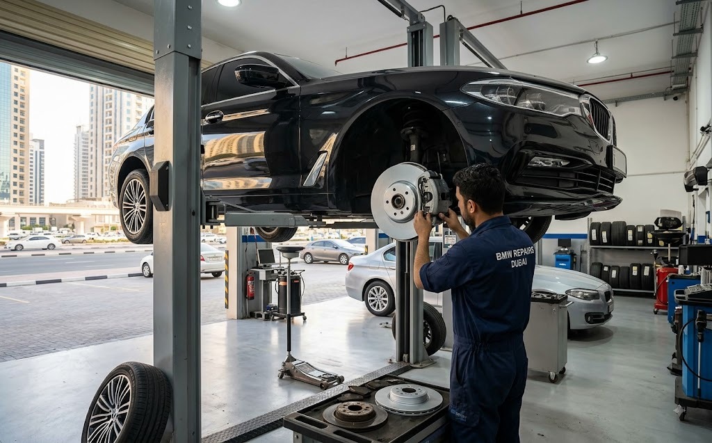 BMW brake pad replacement Dubai — technician fitting new front brake pads and disc on a BMW at an independent workshop