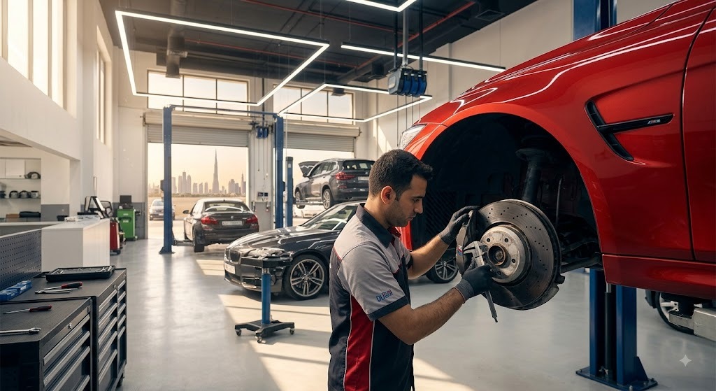 BMW brake repair in Dubai — technician inspecting brake discs and callipers on a BMW at an independent specialist workshop