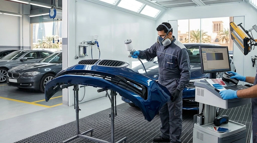 BMW bumper repair and painting in Dubai — technician colour matching a resprayed BMW front bumper