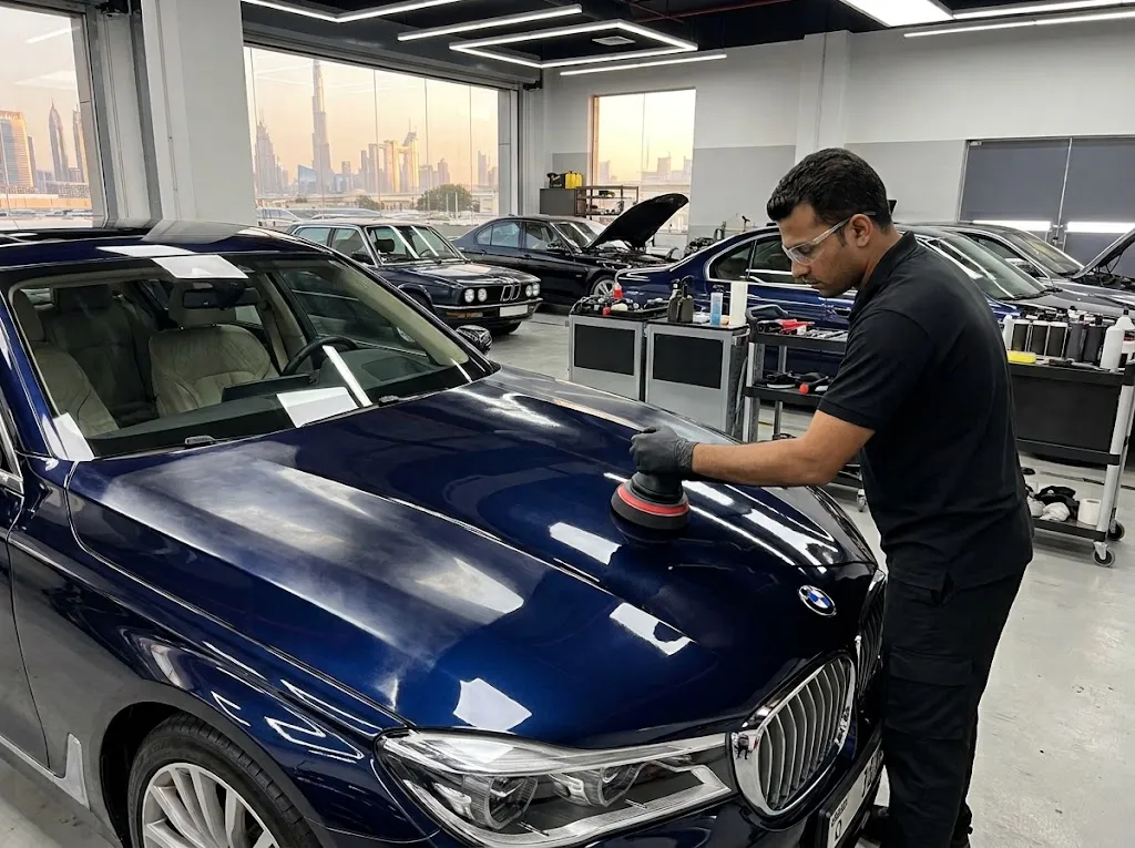 BMW paint correction and polishing in Dubai restoring a glossy swirl-free finish on a BMW bonnet