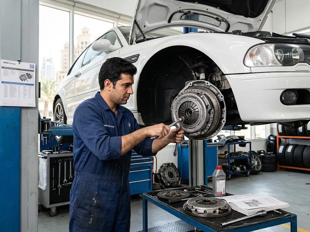 BMW clutch repair Dubai — technician replacing a worn clutch kit and flywheel on a BMW manual gearbox