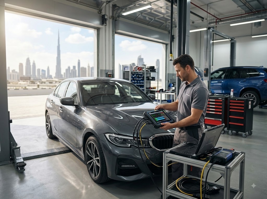 BMW computer diagnostics in Dubai — technician connecting dealer-level diagnostic scanner to a BMW ECU to read fault codes