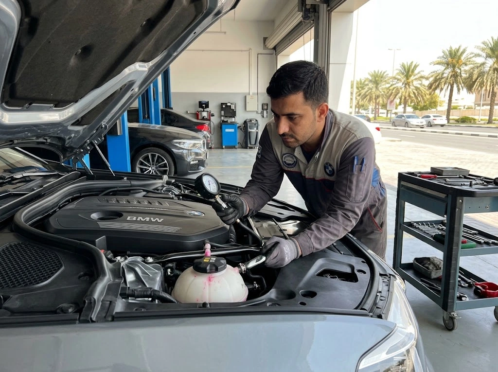 BMW coolant leak repair in Dubai — technician pressure testing a BMW cooling system and inspecting the expansion tank for coolant leakage