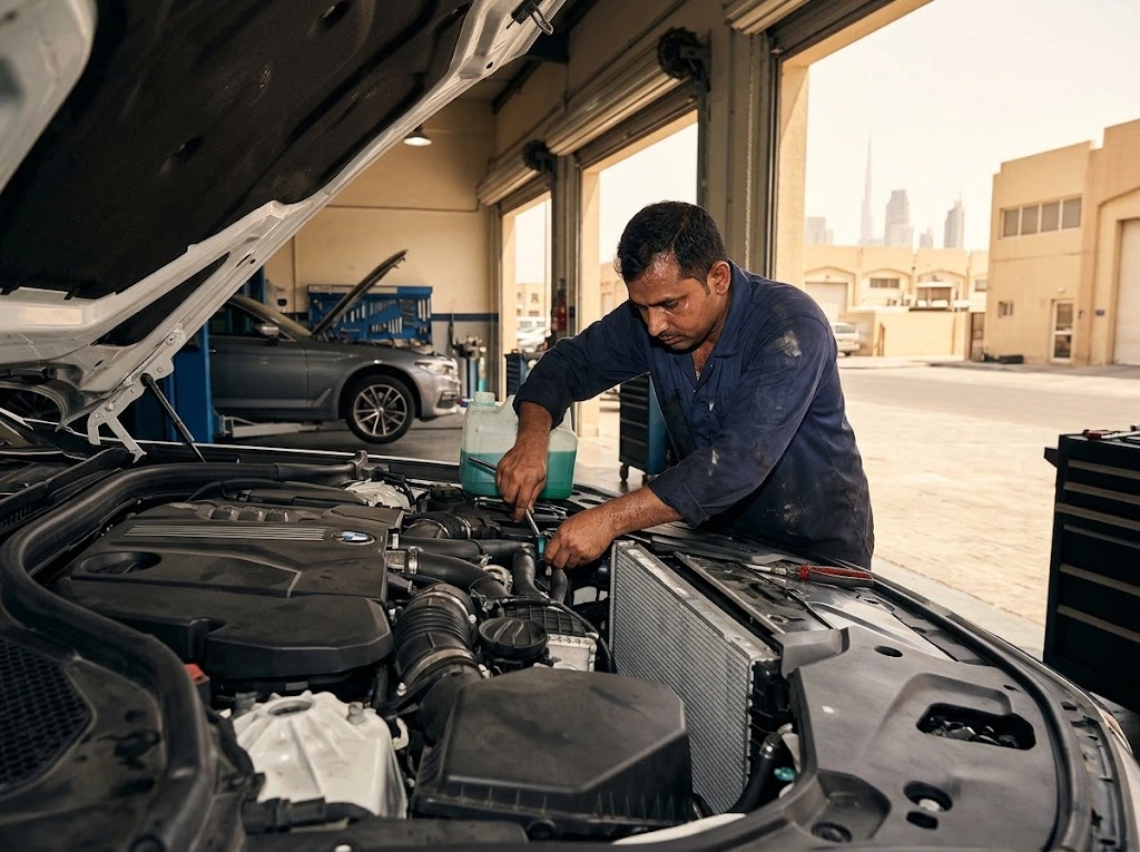 BMW radiator and cooling system repair in Dubai — technician inspecting a BMW engine cooling system for overheating