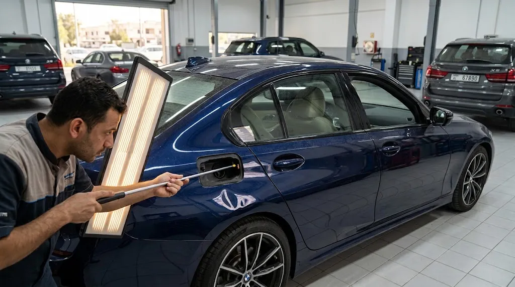 BMW paintless dent removal in Dubai — technician removing a door ding from a BMW panel without repainting