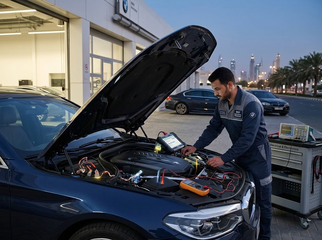 BMW electrical repair Dubai technician diagnosing a BMW ECU and wiring fault with a diagnostic scanner