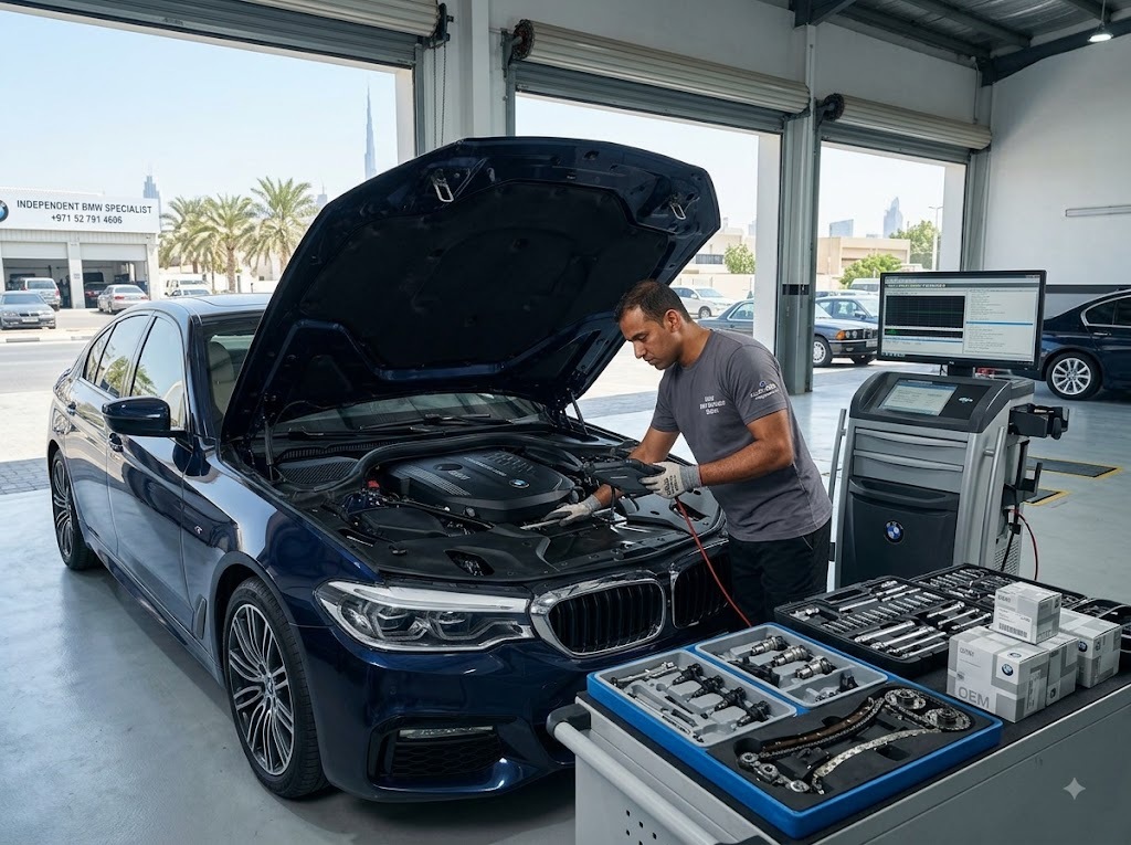 BMW engine repair in Dubai — technician diagnosing a BMW engine bay at an independent specialist workshop