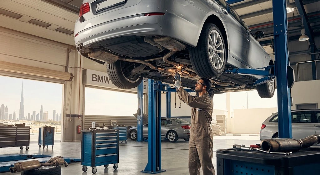BMW exhaust repair Dubai — technician inspecting a BMW exhaust system, catalytic converter and muffler on a lift at an independent workshop