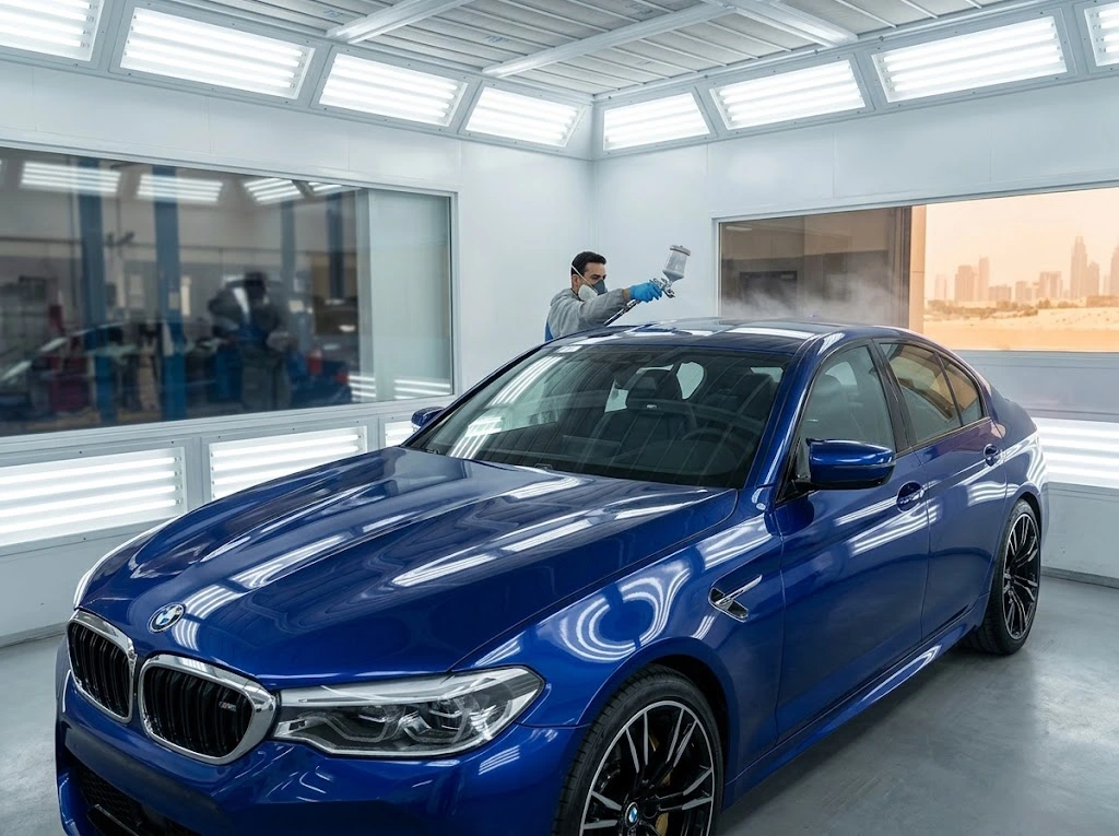 BMW full body painting Dubai — freshly resprayed BMW with a glossy factory-match finish inside a professional paint booth