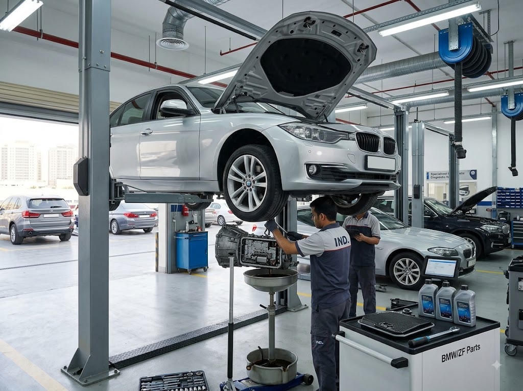 BMW automatic gearbox and ZF transmission repair in progress at an independent BMW specialist workshop in Dubai