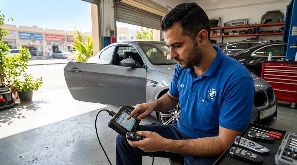 BMW denting and painting in Dubai — technician colour matching a freshly resprayed BMW panel to a factory finish in an independent body shop