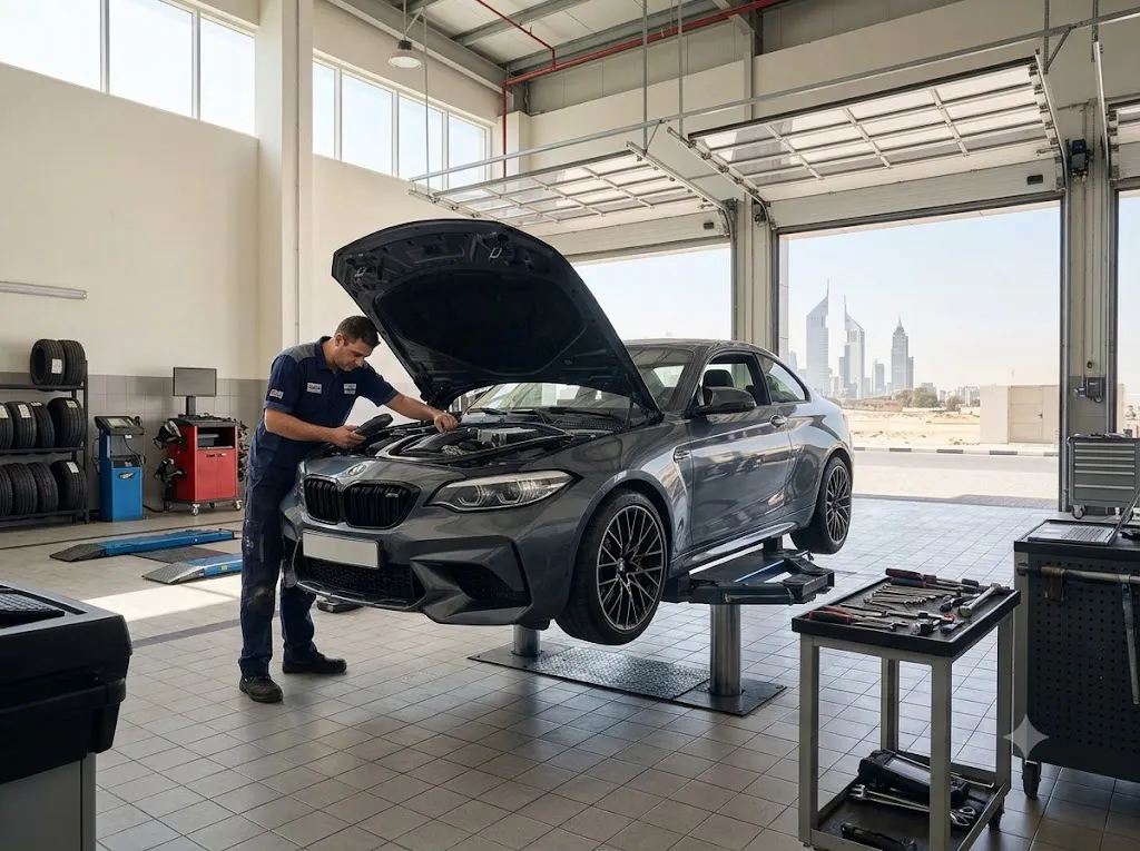 BMW M2 undergoing repair and servicing at an independent BMW specialist workshop in Dubai