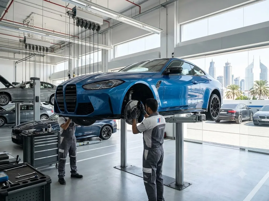 BMW M4 Competition undergoing specialist repair and servicing at an independent BMW M4 garage in Dubai