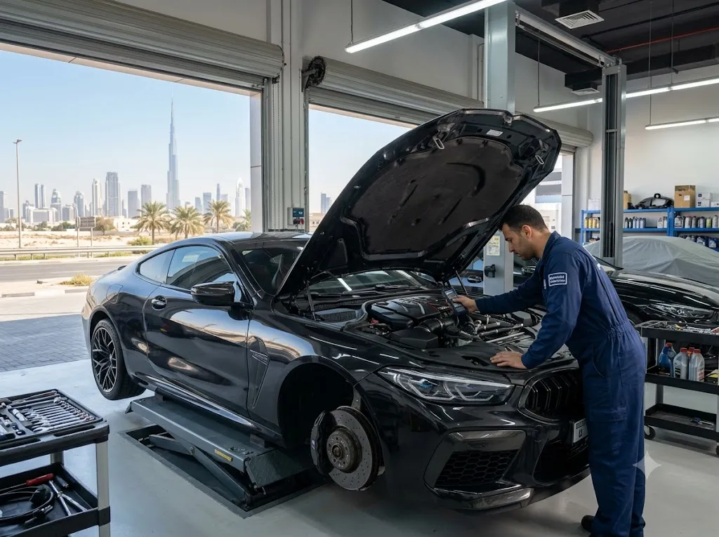 BMW M8 in an independent BMW repair workshop in Dubai for engine, service and bodywork