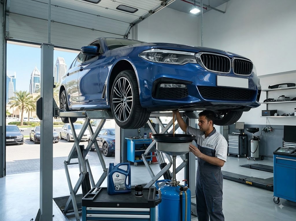 BMW engine oil change and routine service being carried out at an independent BMW workshop in Dubai