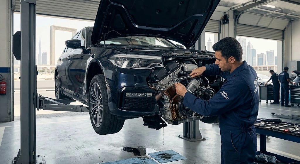 BMW oil leak repair in Dubai — technician inspecting valve cover gasket and oil filter housing on a BMW engine