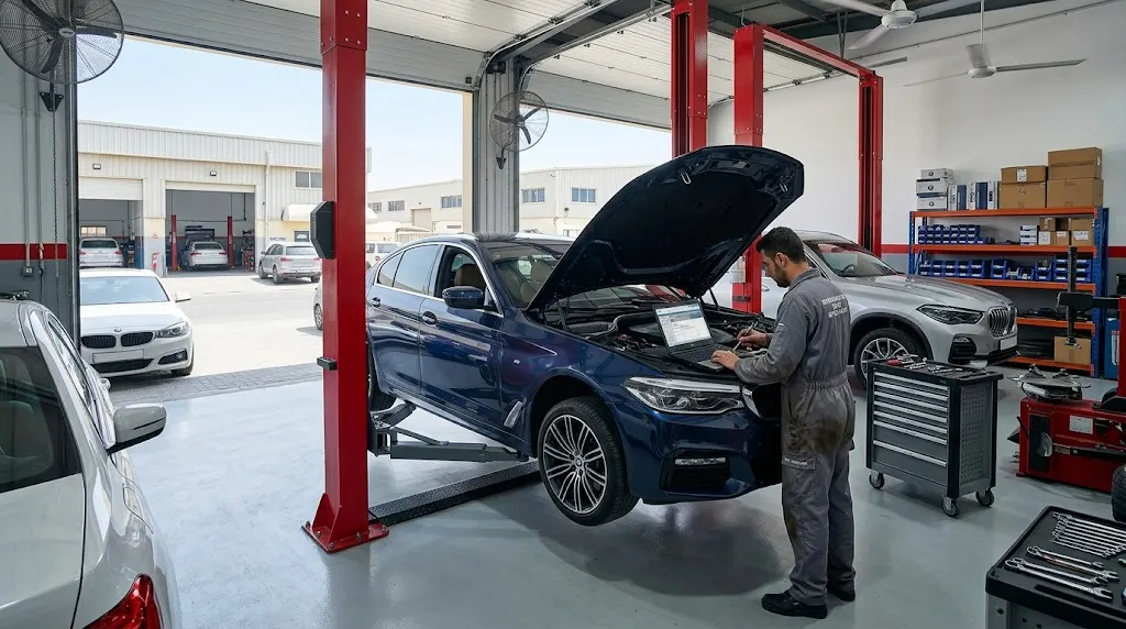 BMW being serviced by an independent BMW mechanic in an Al Quoz workshop in Dubai