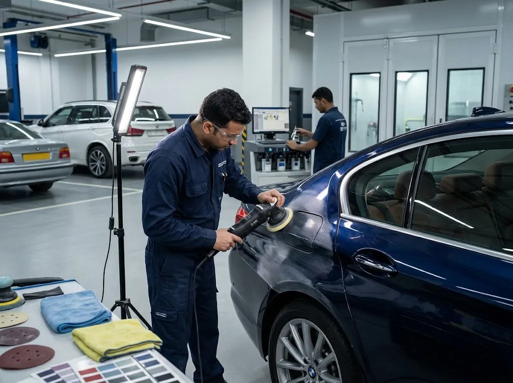 BMW scratch repair Dubai — technician refinishing and colour matching a scratched BMW body panel in an independent Dubai workshop