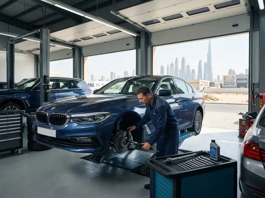 BMW steering rack and power steering pump repair in progress at an independent BMW workshop in Dubai