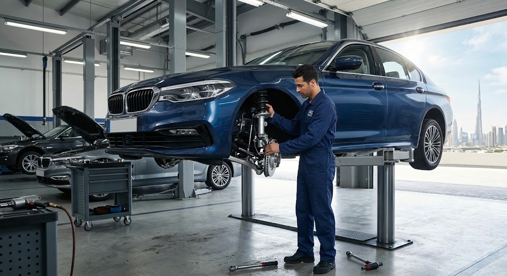 BMW suspension repair in Dubai — technician replacing shock absorbers, struts and control arms on a BMW