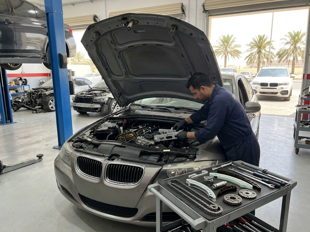 BMW timing chain repair and replacement being carried out on a BMW engine at an independent specialist workshop in Dubai