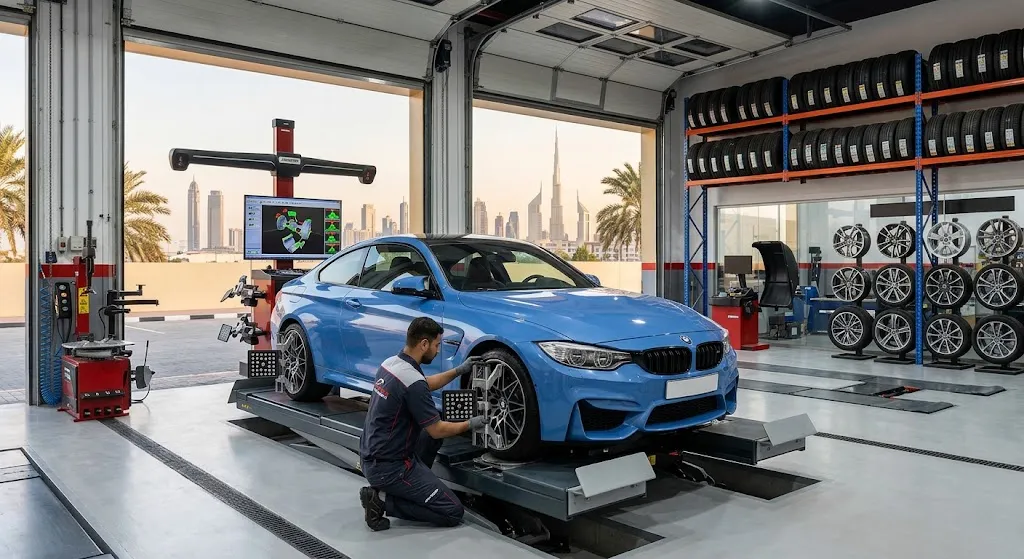 BMW tyres and wheel alignment being carried out on a laser alignment rig in a Dubai workshop