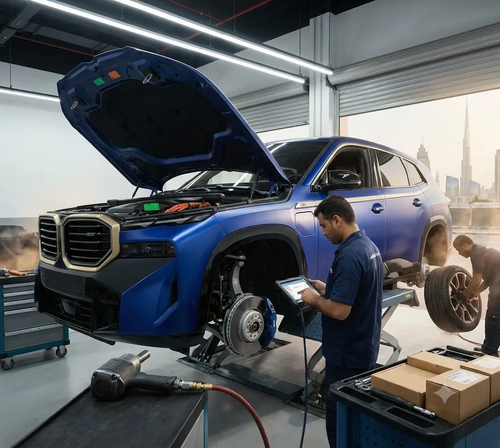 BMW XM repair Dubai — hybrid M super-SUV being serviced at an independent BMW XM workshop in Dubai