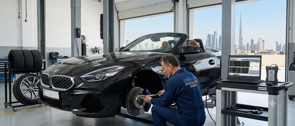 BMW Z4 roadster being repaired by an independent BMW Z4 specialist in a Dubai workshop
