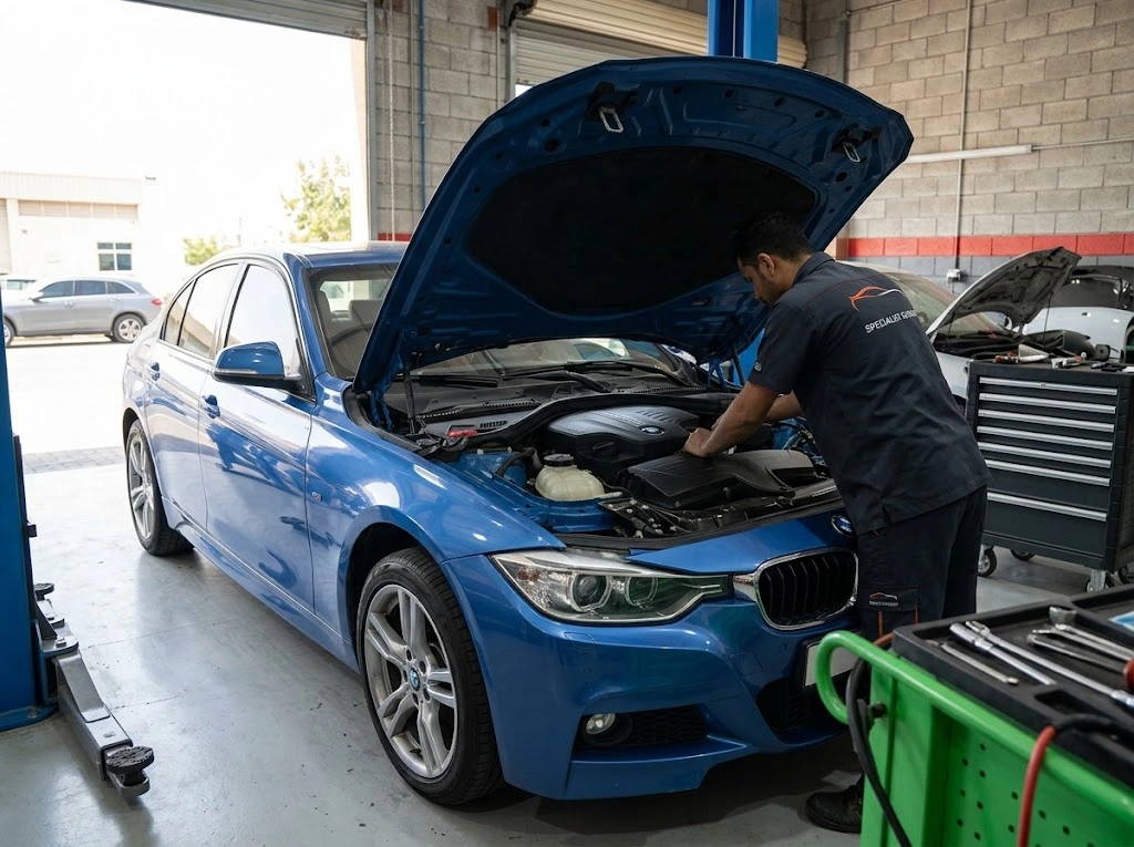 BMW undergoing engine diagnostics at an independent BMW repair workshop serving Al Garhoud, Dubai