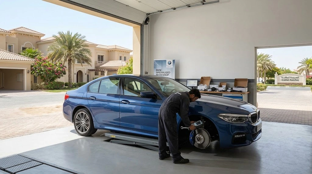 BMW undergoing engine diagnostics at an independent BMW repair workshop serving Arabian Ranches, Dubai