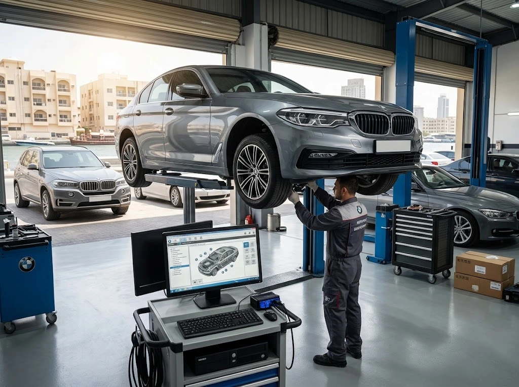 Independent BMW repair workshop near Bur Dubai servicing a BMW with dealer-level diagnostic equipment