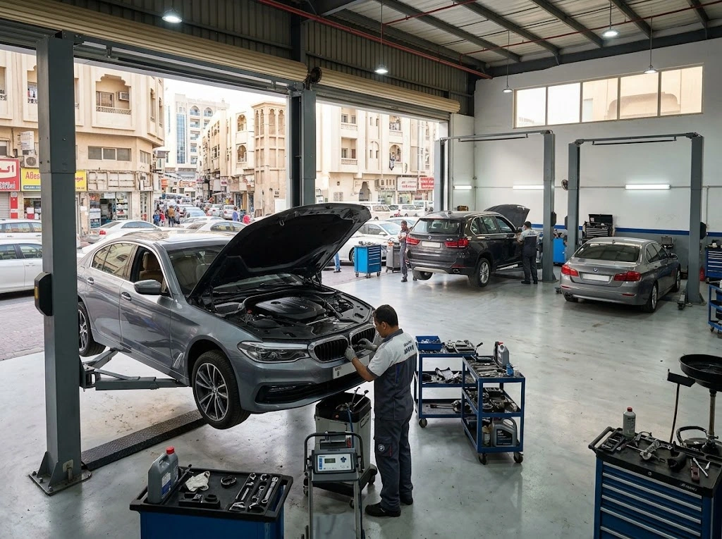 BMW being serviced by an independent BMW mechanic at a specialist garage serving Deira, Dubai