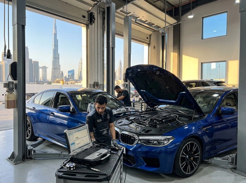 BMW being serviced by an independent BMW mechanic at a workshop near Downtown Dubai
