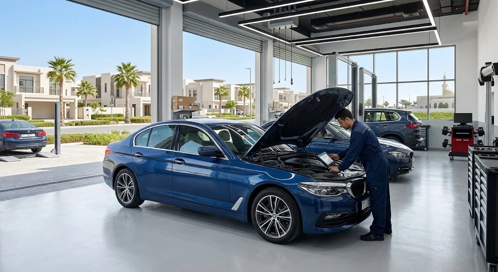 BMW technician carrying out engine diagnostics on a BMW at an independent BMW garage serving Dubai Hills, Dubai